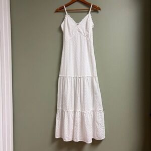 AQUA White Eyelet Lace Tiered Midi Dress Size S Babydoll Cottage Boho Prairie
